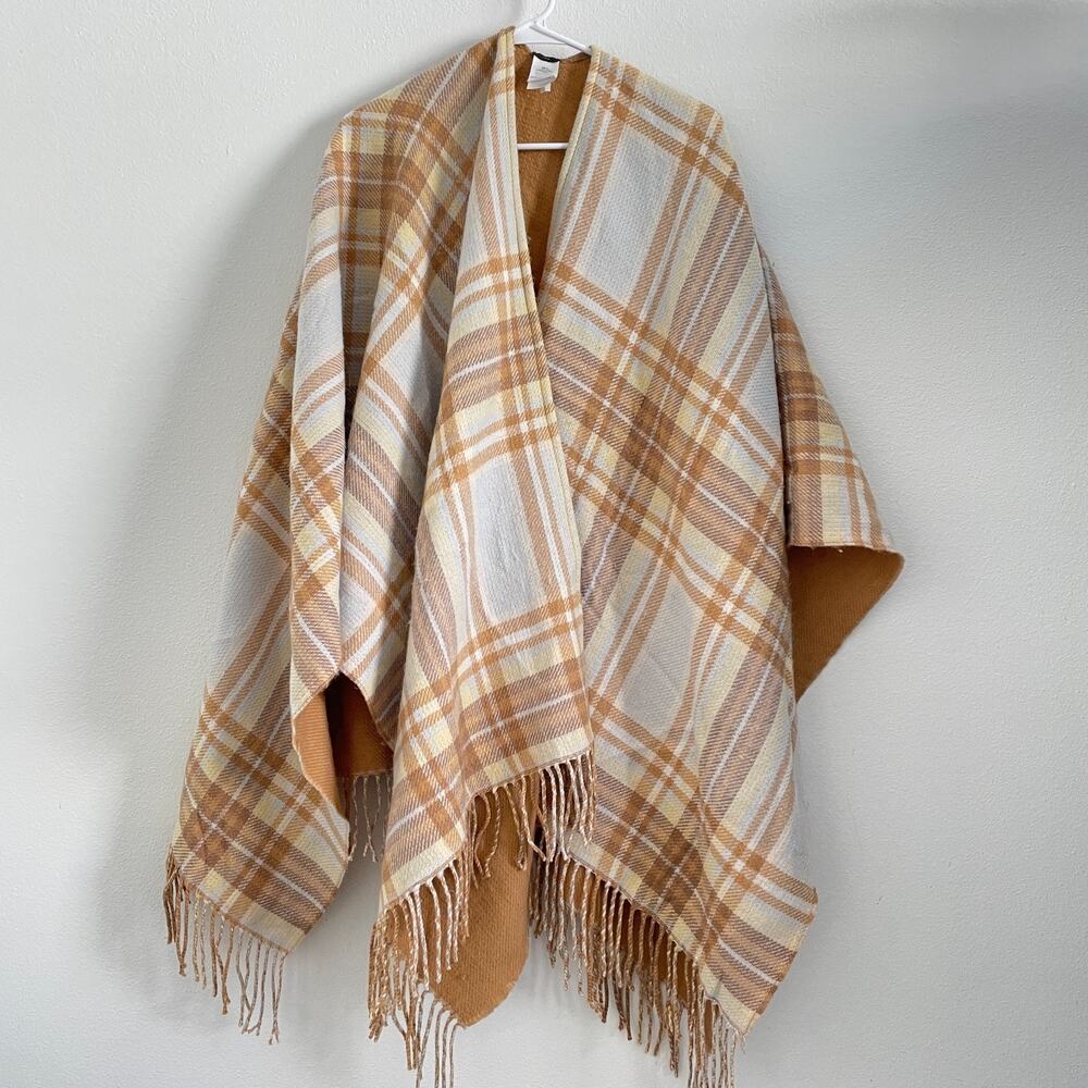 J Crew‎ Shrug Womens M-L Beige Plaid Fringe Preppy Wool Blend Wrap